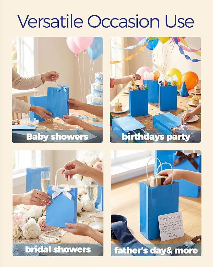 SUNCOLOR 24-Pack Blue Gift Bags with Handles, 8 Inch Goodie Bags for Party Favors, Baby Showers, Birthdays