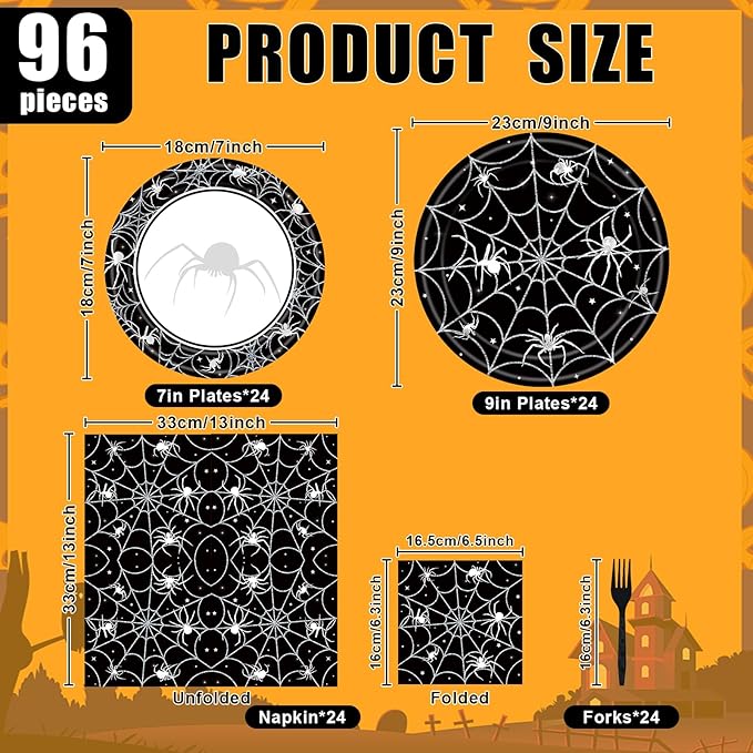96 Pieces Halloween Tableware Set – Spider Web Themed Disposable Party Supplies with Paper Plates, Napkins, and Forks for Haunted House Parties, Spooky Dinners, and Halloween Events – Serves 24