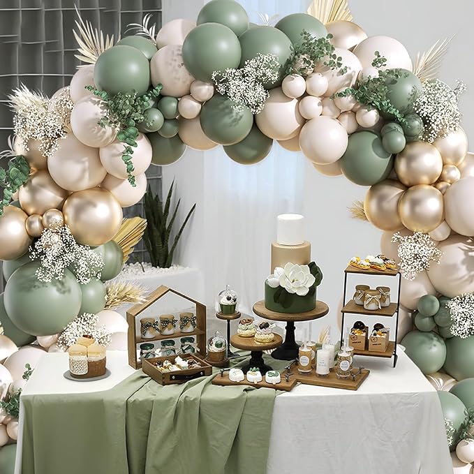 130Pcs Sage Green Gold Balloon Garland Arch Kit with Sage Green Sand White Gold Balloons for Baby Shower Bridal Shower Birthday Engagement Wild One Party Decorations