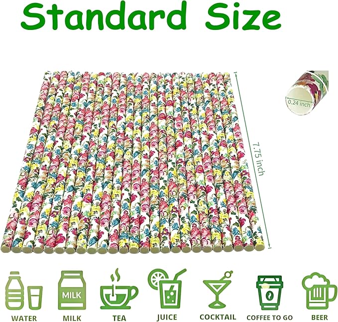 100 pcs Colorful Rose Flower Paper Straws, Green Pink Red Yellow Blue Purple Colored Floral Leaf Drinking Straws, Garden Tea Party Wedding Spring Summer Valentine Decor Cake Pop Sticks (Flower 011)