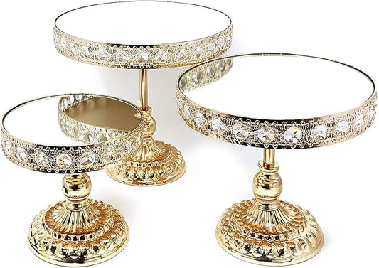allgala Wedding Cake Stands 3-Piece Set Crystal Gold Plated Cheese Dessert Cupcake Cake Stand with Mirror Plate-Gold Round with Bases-HD89201