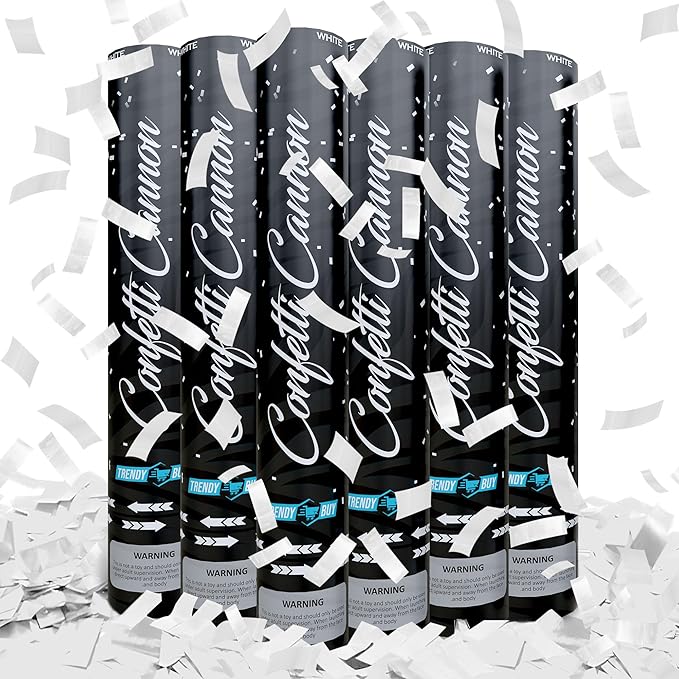 12" White Confetti Poppers (6-Pack) | Biodegradable Rice Paper Confetti Cannon for Weddings, Birthdays, Anniversaries, and New Year's | Shoots 25ft | Eco-Friendly Party Confetti Shooter