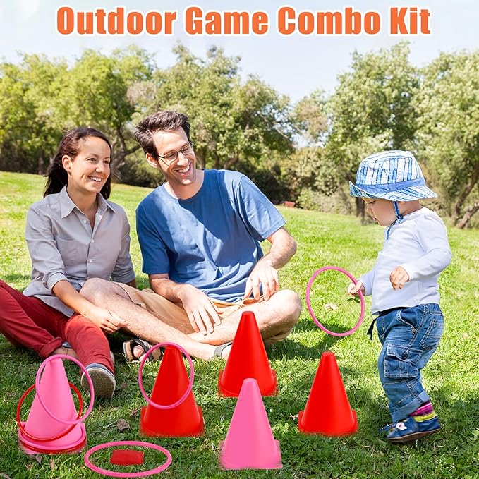 33pcs 4 in 1 Valentines Day Games for Kids with Ring Toss, Plastic Cones, Bean Bags, 3-Legged Race Bands, Carnival Valentine's Games Activity Combo Set for Kids Classroom Indoor Outdoor Party Yard