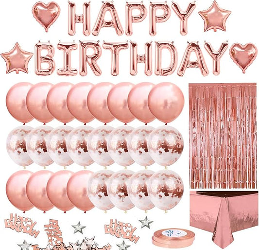 MOVINPE Rose Gold Birthday Party Decoration, Happy Birthday Banner, Rose Gold Fringe Curtain, Foil Tablecloth, Heart Star Foil Confetti Balloons, 10g Table Confetti for Women Girl Birthday Party