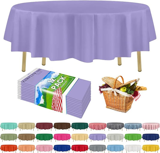 ZIMPLEWARE Premium Lavender Plastic Table Cloth Disposable (12 Pack) Round Tablecloth (84in) Party Table Cloths Disposable, Perfect Table Cloth Round Cover for Any Table Up to 6 Feet