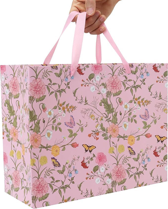 13'' Large Flowers Gift Bag Set with Handles, Greeting Card, Purple Tissue Papers and Stickers for Girls Women Kids Teens for Birthday Party, Mother's Day, Weddings, Anniversaries, Floral Design, 1 Pcs