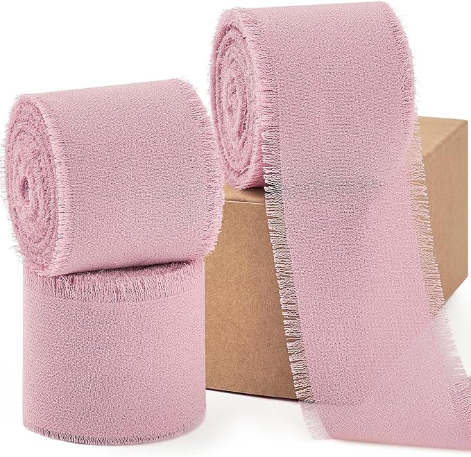 Dusty Rose Chiffon Ribbon 1.5" x 21 Yd Handmade Silk Fringe Chiffon Fabric Ribbon for Gift Wrapping Wedding Invitation Bridal Flower Bouquet DIY Crafts Home Decor