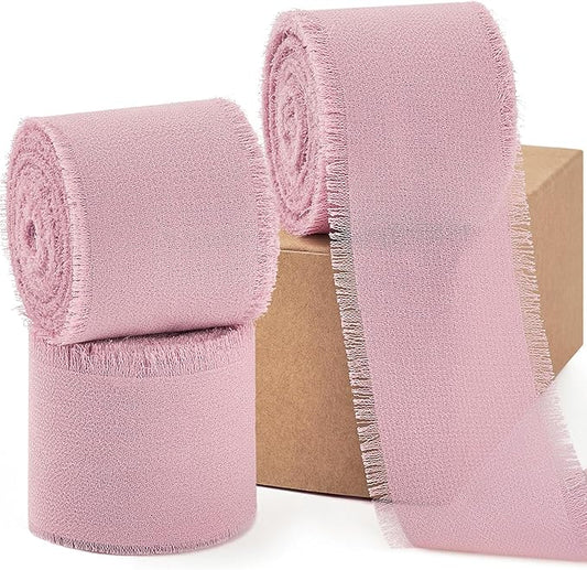 Dusty Rose Chiffon Ribbon 1.5" x 21 Yd Handmade Silk Fringe Chiffon Fabric Ribbon for Gift Wrapping Wedding Invitation Bridal Flower Bouquet DIY Crafts Home Decor