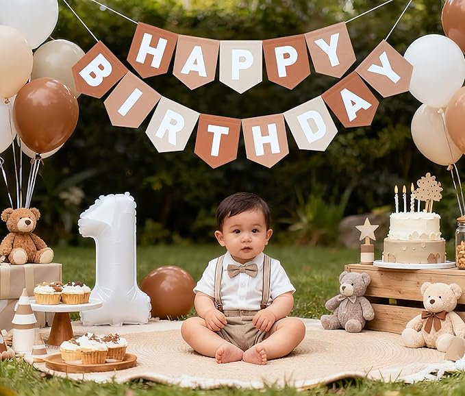 Felt Brown Happy Birthday Banner Birthday Decorations for Women Girls Boys Men Pets Handmade Party Backdrop