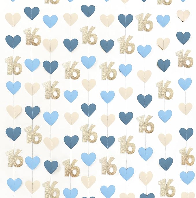 Champagne Gold Blue 16th Birthday Decorations Champagne Gold Dusty Blue Heart Garland Streamer Banner Backdrop for Girls Happy 16th Birthday Sweet 16 Decorations Cheers to 16 Years Old Party Supplies