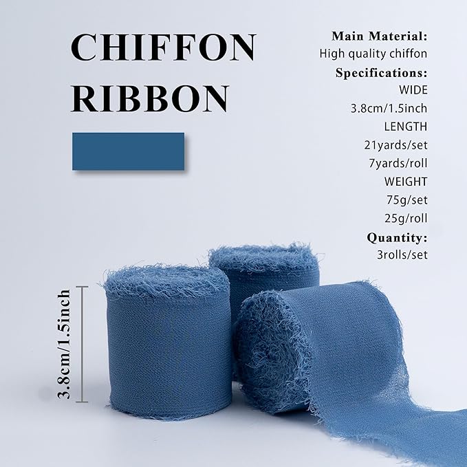 Chiffon Ribbon, Dusty Blue Silk 1.5''x21Yd Handmade Frayed Fringe Ribbons for Wrapping, DIY Bows, Invitations, Bridal Bouquets, Crafts, Birthday, Wedding, Engagement, Party Decoration, 3 Rolls