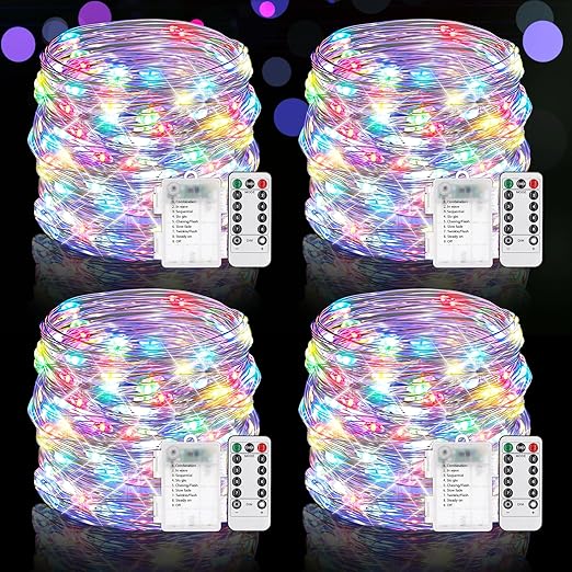4 Pack Fairy Lights Battery Operated with Remote, 33FT 100LED Waterproof Twinkle String Lights with Timer & 8 Modes,for Indoor Outdoor Patio Garden Wedding Party Christmas Decor-Multicolor