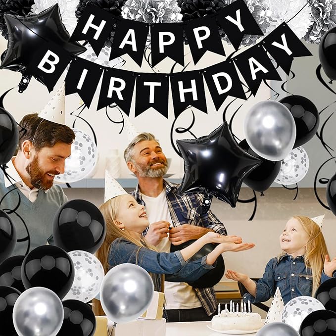 Black White Birthday Decorations, Happy Birthday Decorations with Banner Pompoms Balloon Hanging Swirls for Boys Girls Men Women Party Decorations Supplies