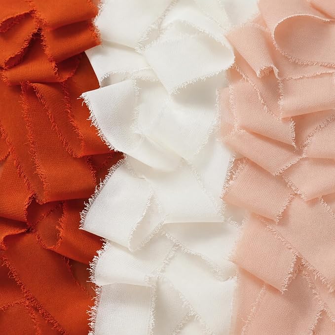 DORIS HOME 2" x21Yd Chiffon Ribbon for Flower Bouquet, Orange & Cream Fabric Ribbon for Gift Wrapping, Handmade Frayed Ribbon for Wedding/Christmas Decorations