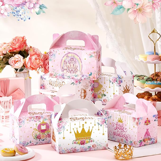 Dunzoom 24 Pcs Princess Party Favors Boxes Little Princess Goodie Treat Candy Boxes with Handles Pink Gift Container for Birthday Party Baby Shower Supplies