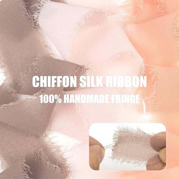Dusty Rose Chiffon Ribbon 1 Inch x 21Yds Handmade Fringe Chiffon Silk Ribbon Brown/Peach/Pink Frayed Chiffon Ribbon for Gift Wrapping Wedding Invitation Bridal Flower Bouquets