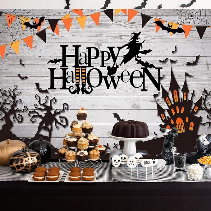 Mocsicka Happy Halloween Backdrop Spider Web Witch and Flying Bats Photography Background Wooden Floor Halloween Party Cake Table Decoration Banner Photo Booth Props (7x5ft)