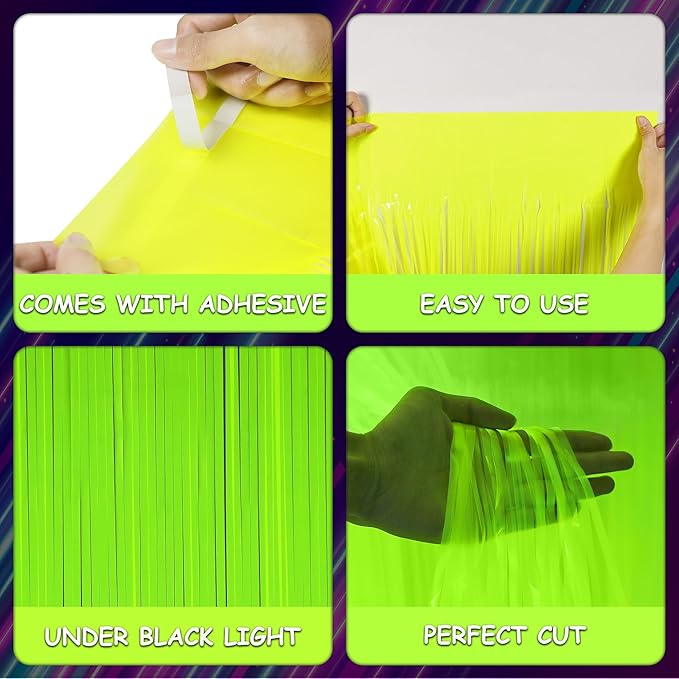 Glow in The Dark Party Supplies,3 Pack Neon Party Decorations,9.9 X 6.6 ft Fluorescent Tinsel Foil Fringe Curtains Macaron Yellow,Photo Booth Prop Backdrop Streamer for Birthday Party Streamer Decor