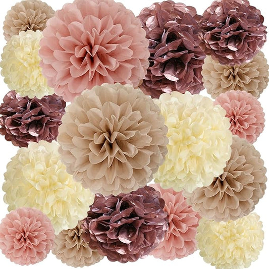 20 PCS Tissue Paper Pom Poms, Tissue Pom Poms Flowers, Sizes of 6", 10", 12", 14" Hanging Paper Flower Ball for Wedding, Birthday, Baby Shower Party Decor (Ivory Brown Rose Gold Pink)