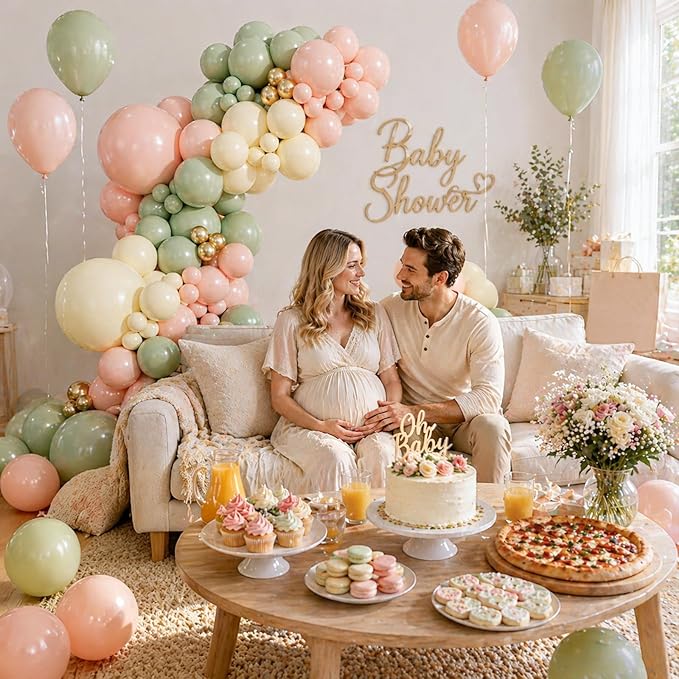 147pcs Pink and Green Balloon Arch Garland Kit, 5 10 12 18inch Sage Green Light Pink Sand White Gold Latex Balloons for Woodland Jungle Birthday Party Baby Shower Decorations