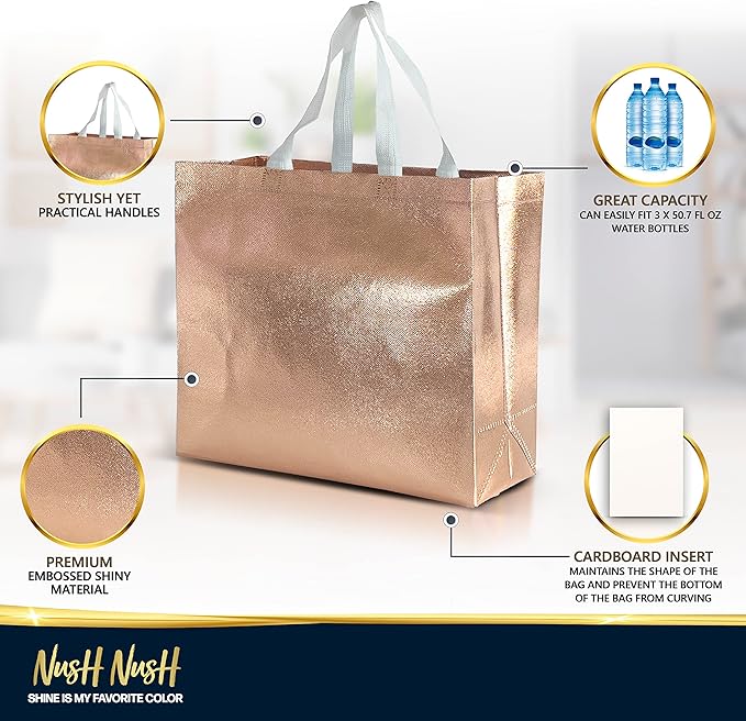 Nush Nush Large Rose Gold Gift Bags Bulk - Set of 60 Shiny Rose Gold Reusable Gift Bags Large Size with Handles - For Small Business, Birthday Party Favors, Bridesmaids, Mothers Day - 13Wx5Dx11H
