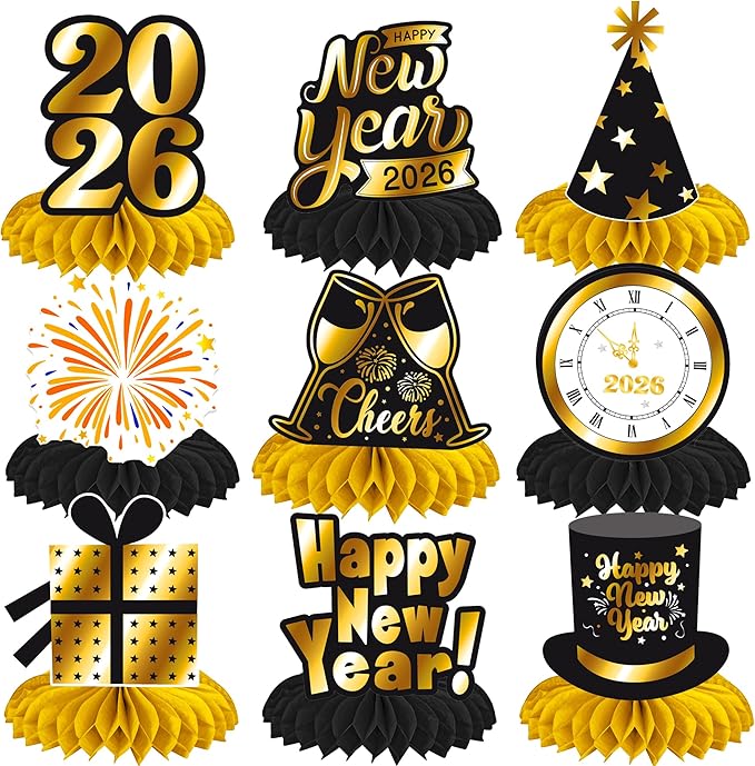 Happy New Year Honeycomb Centerpieces 2026 New Year's Eve Table Decorations 12Pcs New Year Theme Party Supplies Black and Gold Cheers to 2026 Centerpieces for Countdown Party Decor