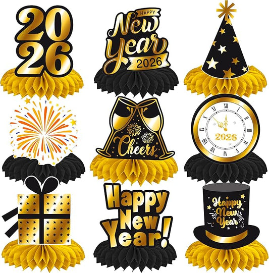 Happy New Year Honeycomb Centerpieces 2026 New Year's Eve Table Decorations 12Pcs New Year Theme Party Supplies Black and Gold Cheers to 2026 Centerpieces for Countdown Party Decor