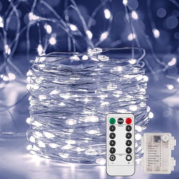 Ariceleo 4 Pack 16.4 Ft. Battery Operated Outdoor String Lights with Remote & Timer, LED Cool White Fairy Lights, Waterproof Twinkle Lights for Bedroom, Dorm, Mason Jar, Wedding, Party, Christmas