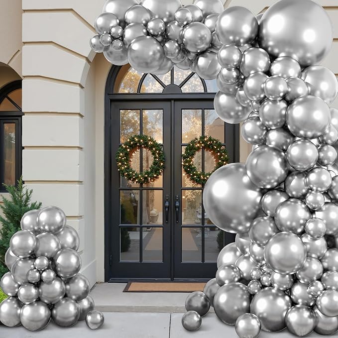 Amandir 153pcs Metallic Silver Balloons Arch Garland Kit Different Sizes 18 12 10 5 Inch Latex Chrome Silver Balloon Birthday Wedding Bachelorette Disco New Year Holiday Party Decorations