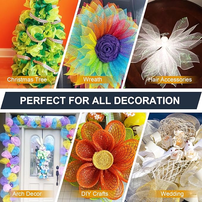 2 Pcs Yellow Deco Mesh Ribbon Rolls 10 Inch 10 Yards(30 ft) Decorative Mesh Fabric with Foil for Wreaths Christmas Tree Ribbon Door DIY Craft Halloween Decor Wedding Party Supplies (Yellow, 2Pcs)