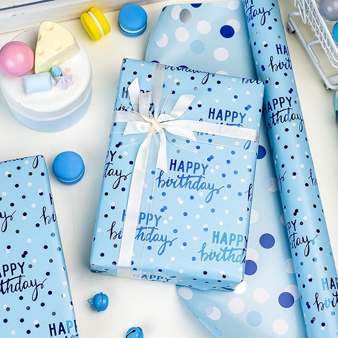 MAYPLUSS Birthday Wrapping Paper Roll - 17 Inch X 16.5 Feet - Blue Glitter Happy Birthday Lettering Metallic Foil Paper Girl Gift Wrap w/Polka Dot for Party