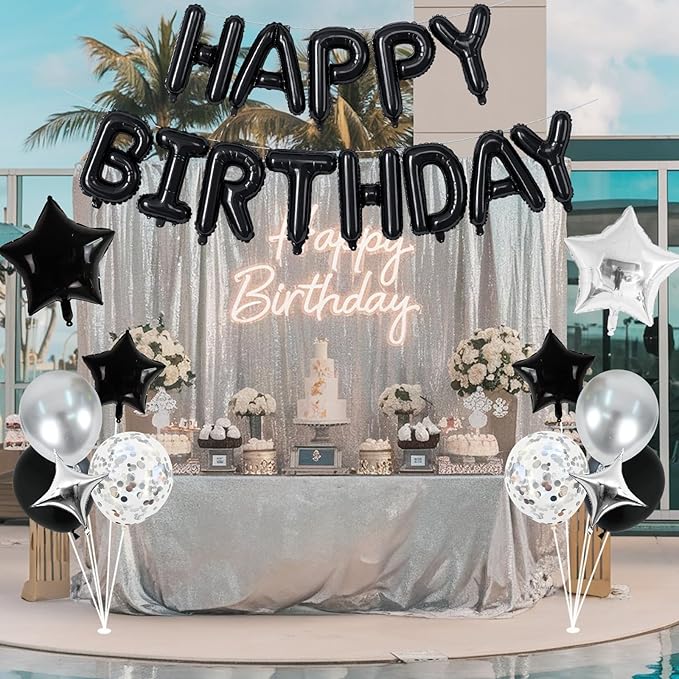 Happy Birthday Balloon Banner Black Silver, 16 Inch Mylar Foil Letter Balloons, Reusable Birthday Decorations with Black and Silver Balloons, Inflatable Party Supplies for Women Men Boys Girls Decor