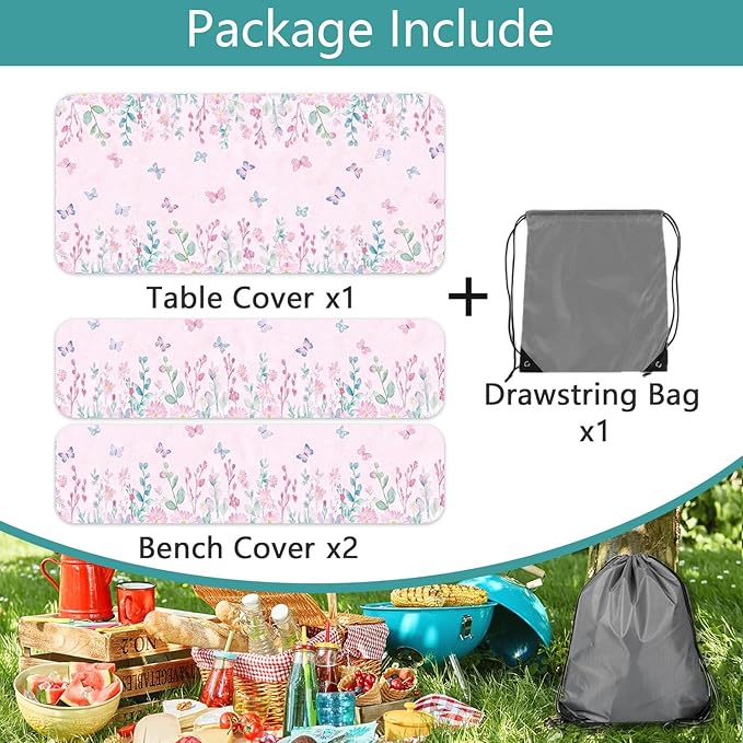 Butterfly Picnic Table Cover with Bench Covers, Camping Essentials, Flower Leaf Plant Waterproof Windproof Table Cover, Fitted Tablecloth Cover with Elastic Edge, for Indoor & Outdoor 3 PCS 30x72 Inch