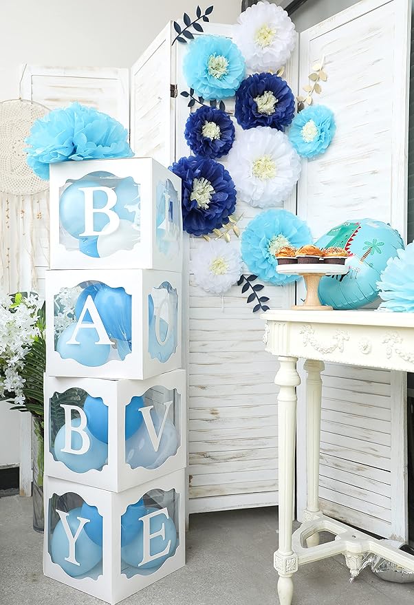 Fonder Mols Tissue Paper Chrysanth Flowers with Butterfly and Olive Leaves for Wedding Baby Shower Nursery Room Parties & Events Decorations Pom Poms (Navy Turquoise White)