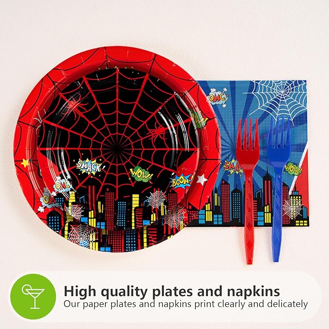 Grencian 96Pcs Cartoon Spider Birthday Party Decorations Red Blue Spider Birthday Plates and Napkins Disposable Hero Paper Tableware Set for Kids Baby Shower Super Theme Party Supplies, Serves 24
