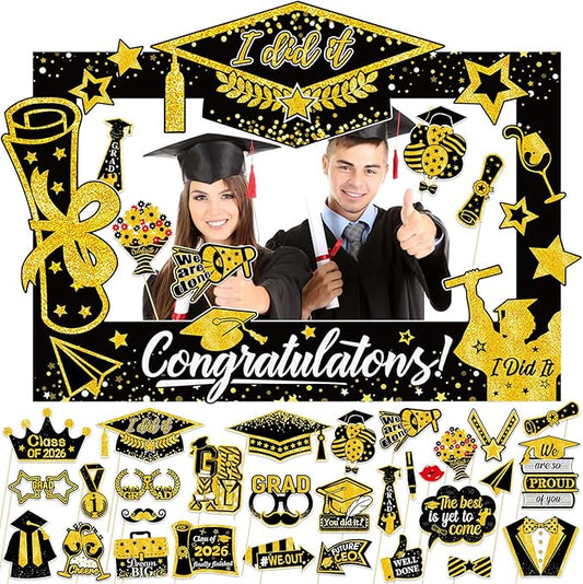 31 Pack Graduation Photo Booth Props 2026, Black and Gold Graduation Photo Booth Frame Congrats Grad Photo Booth Props for Class of 2026 Grad Party Supplies