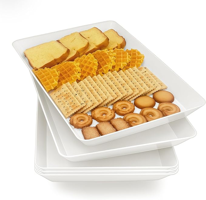 Serving Tray Platter, 5 Pcs Food Tray for Veggie Fruit Snack Dessert Cookie Cheese, Food Trays for Party Supplies Display, Plastic Platters for Serving Food, Large White Trays, BPA Free