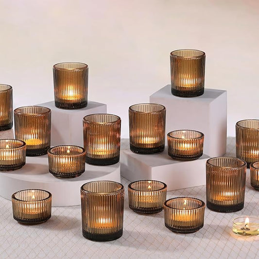 NITIME 10pcs Ribbed Amber Votive Candle Holders, Assorted Glass Tea Light Candle Holders for Fall Decor, Amber Candle Holders for Wedding Centerpieces, Thankgiving and Christmas Decorations
