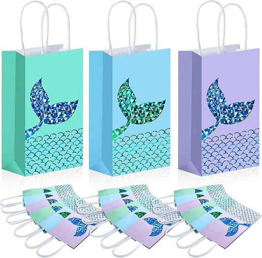 Zonon 24 Pcs Mermaid Party Favors Gift Bags Treats Goodie Candy Bags Set with Handle Princess Theme Party Paper Bag Storage Portable for Birthday Baby Shower Pool Themed Favors Supplies