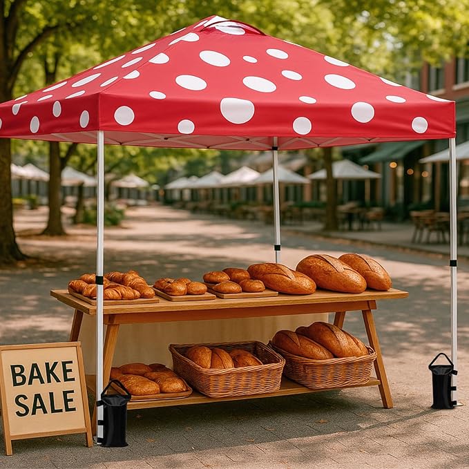 EAGLE PEAK Pop Up Canopy Tent with Wheeled Carry Bag, 8 Stakes, 4 Ropes, 4 Weight Bags, Easy Set Up Tent Canopy, 10x10 ft, 100sqft of Shade, Red Mushroom