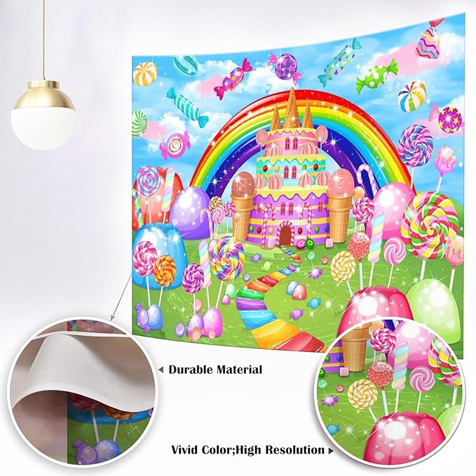 Mocsicka Sweet Candyland Backdrop Lollipop Sweetest Candy Theme Birthday Party Decoration for Girl Candy Ice Cream Castle Rainbow Party Banner Sweetest Day Wall Decorations(120''x96'')