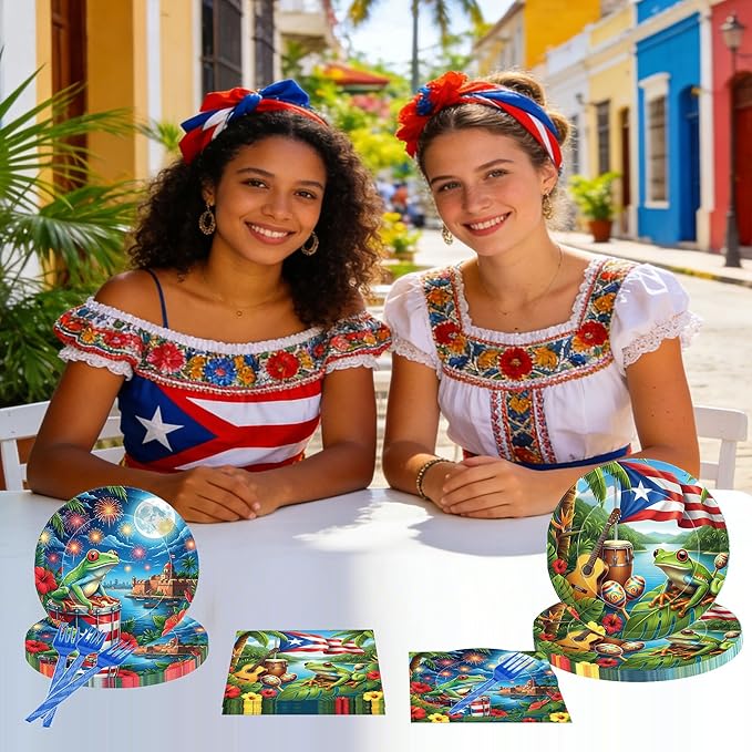 Puerto Rico Party Decorations, 96 Pcs Puerto Rican Flag Tropical Frog Plates Napkins Forks, Disposable Dinnerware for Puerto Rico Birthday Fiesta Theme Party Decor Tableware Set for 24 Guests