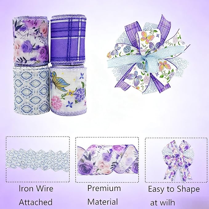 Spring Floral Wired Edge Ribbon, 2.5 Inch Wide Purple Rose Butterfly Burlap Ribbon, 4 Rolls for Mother's Day Summer Wreath Bow Making DIY Crafts Birthday Wedding Wrapping Party Decor Supplies (Purple)