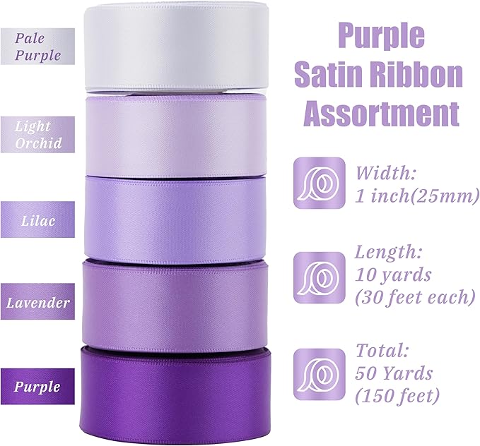 MAYREEL Purple Satin Ribbon 1 Inch Lilac Lavender Ribbon for Gift Wrapping Wedding Bridal Shower Crafts 5 Rolls 10 Yards Each Color Total 50 Yards