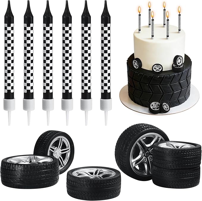 12 Pcs Racing Cars Themed Birthday Candles, Black and White Checkered Birthday Cake Candles, Racing Candle Wheel Tire for Racing Car Party Decoration Theme Party Supplies (General)