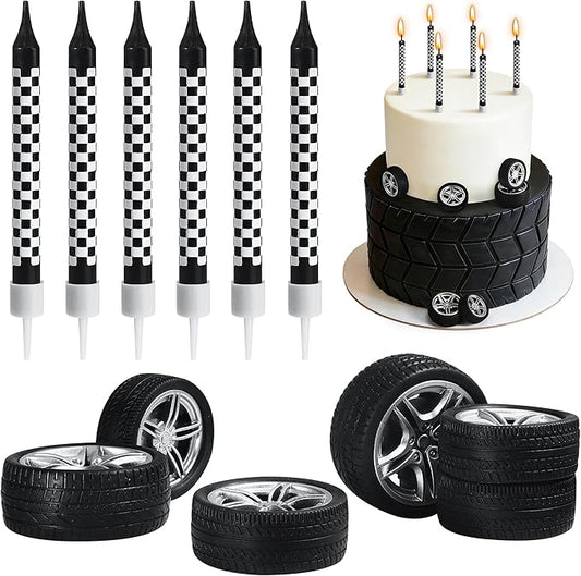 12 Pcs Racing Cars Themed Birthday Candles, Black and White Checkered Birthday Cake Candles, Racing Candle Wheel Tire for Racing Car Party Decoration Theme Party Supplies (General)