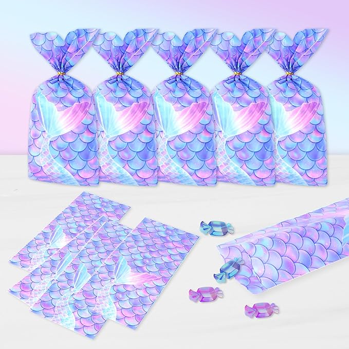 Mikzhskr Mermaid Party Favors - 30 Pcs Decorations, Cookie Goodie Candy Gift Bags, Little Mermaid Cellophane Treat Bags With 30 Pcs Gold Twist Ties for Birthday Party Supplies