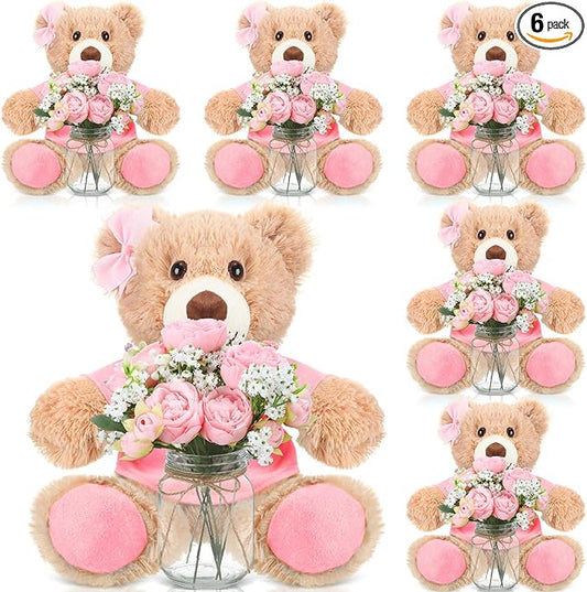 Pink 6 Set Baby Shower Bear Centerpieces for Tables Mason-Style Glass Jars with Artificial Peonies and Baby's Breath Rustic Table Decor for Gender Reveal Party Wedding