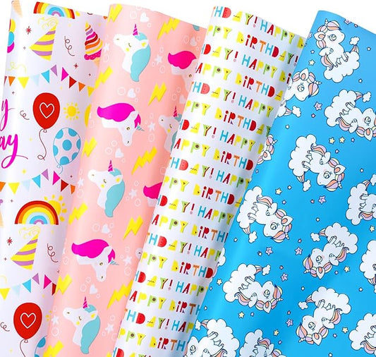 WRAPAHOLIC Birthday Wrapping Paper Sheet - 12 Sheets Unicorn Rainbow Pony Pink Blue Design Folded Flat for Birthday, Party, Baby Showers - 19.7 Inch X 30 Inch Per Sheet