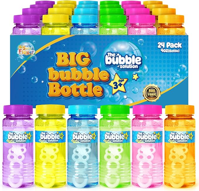 Springflower 24 Pcs Bubble Bottles with Wand,Bubbles Party Favors for Kids,Summer Toys, Blow Bubbles Solution Novelty Toy, Party Favors, Birthday Party Supplies, Outdoor & Indoor Activity,4oz,6 Colors